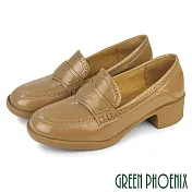 【GREEN PHOENIX】女 樂福鞋 跟鞋 包鞋 漆皮 粗跟 中跟 輕量 英倫雕花 學院風 EU36 杏色