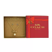 COACH C Logo 玻璃珍珠針式耳環+玻璃珍珠蝴蝶結項鍊飾品禮盒 (金色)
