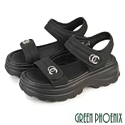 【GREEN PHOENIX】女 涼鞋 厚底涼鞋 一字帶 沾黏帶 輕量 水鑽 EU36 黑色