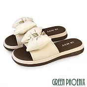 【GREEN PHOENIX】女 拖鞋 蝴蝶結 真皮 牛皮 寬版 微厚底 平底 EU35 米色