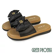 【GREEN PHOENIX】女 拖鞋 蝴蝶結 真皮 牛皮 寬版 微厚底 平底 EU35 黑色