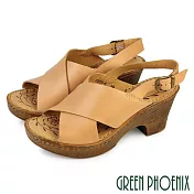 【GREEN PHOENIX】女 涼鞋 高跟涼鞋 厚底涼鞋 楔型涼鞋 粗跟 交叉 真皮 牛皮 輕量 EU35 棕色