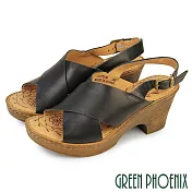 【GREEN PHOENIX】女 涼鞋 高跟涼鞋 厚底涼鞋 楔型涼鞋 粗跟 交叉 真皮 牛皮 輕量 EU35 黑色