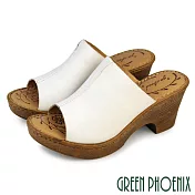 【GREEN PHOENIX】女 拖鞋 高跟拖鞋 厚底拖鞋 楔型拖鞋 粗跟 真皮 牛皮 輕量 EU35 米色
