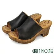 【GREEN PHOENIX】女 拖鞋 高跟拖鞋 厚底拖鞋 楔型拖鞋 粗跟 真皮 牛皮 輕量 EU35 黑色