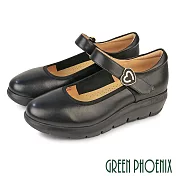 【GREEN PHOENIX】女 包鞋 便鞋 瑪莉珍 厚底 小坡跟 沾黏式 真皮 OL 通勤 EU34 黑色
