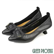 【GREEN PHOENIX】女 跟鞋 尖頭鞋 貓跟鞋 包鞋 真皮 OL 通勤 上班 EU36 黑色