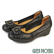 【GREEN PHOENIX】女 包鞋 娃娃鞋 楔型鞋 厚底 全真皮 蝴蝶結 OL 通勤 EU35 黑色