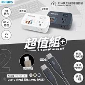 PHILIPS飛利浦 超值組 一開二 35W PD多功能壁插轉接器+Lightning/TypeC 快充線 (CHP8023+快充線) 35W白色+TypeC線-顏色隨機