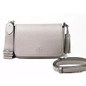 TORY BURCH 荔枝皮革翻蓋流蘇斜背包-灰(背帶兩款可替換)