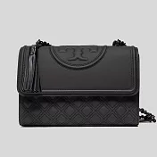 TORY BURCH 霧面菱格紋翻蓋流蘇肩背包-黑
