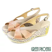 【GREEN PHOENIX】女 涼鞋 厚底涼鞋 楔型涼鞋 魚口涼鞋 全真皮 超輕量 台灣製 JP22.5 橙色