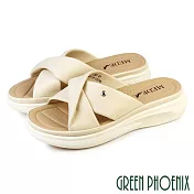 【GREEN PHOENIX】女 拖鞋 厚底拖鞋 小坡跟 交叉 扭結 輕量 羊皮 真皮 EU35 米色