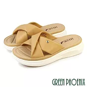 【GREEN PHOENIX】女 拖鞋 厚底拖鞋 小坡跟 交叉 扭結 輕量 羊皮 真皮 EU37 杏色