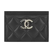 CHANEL 寶石珍珠雙C LOGO菱格紋小羊皮卡片夾(黑色)