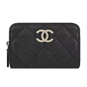 CHANEL 經典螺紋雙C LOGO菱格紋小牛皮拉鍊零錢包(黑色)