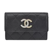 CHANEL 水鑽雙C LOGO菱格紋小牛皮卡片夾(黑色)