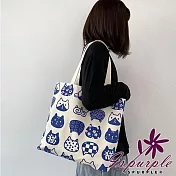 【iSPurple】日系小貓 大容量購物手提肩背帆布包/米色