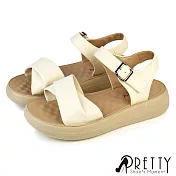 【Pretty】女 涼鞋 厚底涼鞋 一字涼鞋 扭結 輕量 沾黏帶 EU36 米色