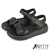【Pretty】女 涼鞋 厚底涼鞋 一字涼鞋 扭結 輕量 沾黏帶 EU36 黑色