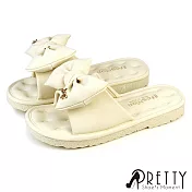 【Pretty】女 拖鞋 大蝴蝶結 寬版 平底 微厚底 韓版 JP23 米色