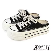 【Pretty】女 穆勒鞋 懶人拖鞋 半拖鞋 休閒拖鞋 帆布 厚底 EU36 黑色