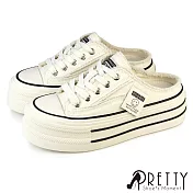 【Pretty】女 穆勒鞋 休閒拖鞋 懶人拖鞋 半拖鞋 帆布 毛邊 厚底 EU36 白色