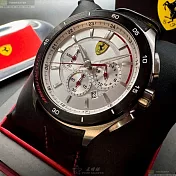 FERRARI法拉利精品錶,編號：FE00093,46mm圓形黑精鋼錶殼白色錶盤真皮皮革深黑色錶帶