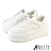 【Pretty】女 小白鞋 板鞋 運動鞋 休閒鞋 綁帶 厚底 皮革 EU36 白色