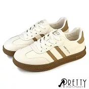 【Pretty】女 休閒鞋 德訓鞋 阿甘鞋 板鞋 綁帶 復古運動風 JP23.5 卡其色