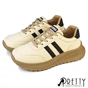 【Pretty】女 運動鞋 休閒鞋 厚底 皮革 線條 綁帶 JP23 米色
