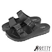【Pretty】女 拖鞋 防水拖鞋 平底拖鞋 二字 皮帶釦 一體成型 輕量 台灣製 EU37 黑色
