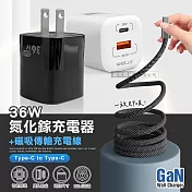 WELLY 36W氮化鎵GaN 迷你雙孔充電器+Type-C to Type-C 磁吸秒收充電線(100cm) 白色+線