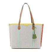 Tory burch 撞色帆布拼接皮革托特包-淺米黃邊