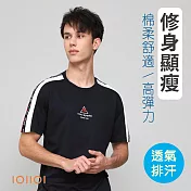 IOIIOI (有大尺碼) 短袖棉T恤 特色肩膀織帶 彈力舒適布料 吸濕排汗 M 黑色