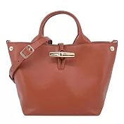 LONGCHAMP LE ROSEAU系列金屬竹節滑面小牛皮手提/斜背兩用包(小) 樹皮紅