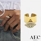 AEC PARIS 巴黎品牌 智慧之眼金色戒指 藍鑽X白鑽 小寬版可調式戒指 MINYA WIDE RING
