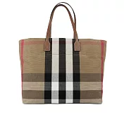 BURBERRY London 格紋棉質帆布及牛皮中型托特包 (灰褐色/棕色)