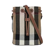 BURBERRY 格紋棉質帆布及牛皮小款束口水桶包 (灰褐色/棕色)