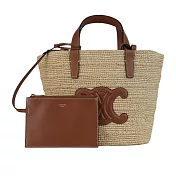 CELINE Teen Classic Panier 小牛皮標誌二用草編包 (焦糖色)