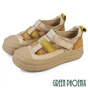【GREEN PHOENIX】女 休閒鞋 魚骨編織 沾黏式 復古 仿舊 真皮 厚底 EU35 黃色