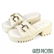 【GREEN PHOENIX】女 拖鞋 高跟拖鞋 厚底拖鞋 粗跟 真皮 羊皮 馬銜釦 輕量 EU35 米色
