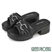 【GREEN PHOENIX】女 拖鞋 高跟拖鞋 厚底拖鞋 粗跟 真皮 羊皮 馬銜釦 輕量 EU35 黑色