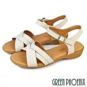 【GREEN PHOENIX】女 涼鞋 楔型涼鞋 小坡跟 交叉 全真皮 吸震 台灣製 US5.5 米色
