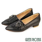 【GREEN PHOENIX】女 包鞋 跟鞋 尖頭鞋 粗跟 全真皮 牛皮 台灣製 US5 黑色