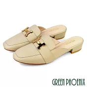 【GREEN PHOENIX】女 穆勒鞋 半拖鞋 包頭拖鞋 全真皮 馬銜釦 粗跟 牛皮 台灣製 US5 米色