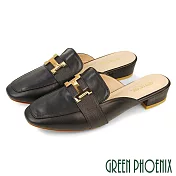【GREEN PHOENIX】女 穆勒鞋 半拖鞋 包頭拖鞋 全真皮 馬銜釦 粗跟 牛皮 台灣製 US5 黑色