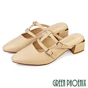 【GREEN PHOENIX】女 穆勒鞋 半拖鞋 包頭拖鞋 尖頭 瑪莉珍 全真皮 粗跟 牛皮 臺灣製 US6 杏色