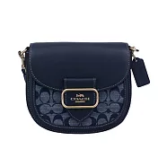 COACH 滿版LOGO翻蓋皮革馬鞍斜背包-丹寧深藍