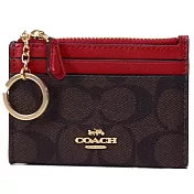 COACH 滿版LOGO拼接皮革卡片零錢包-咖紅
